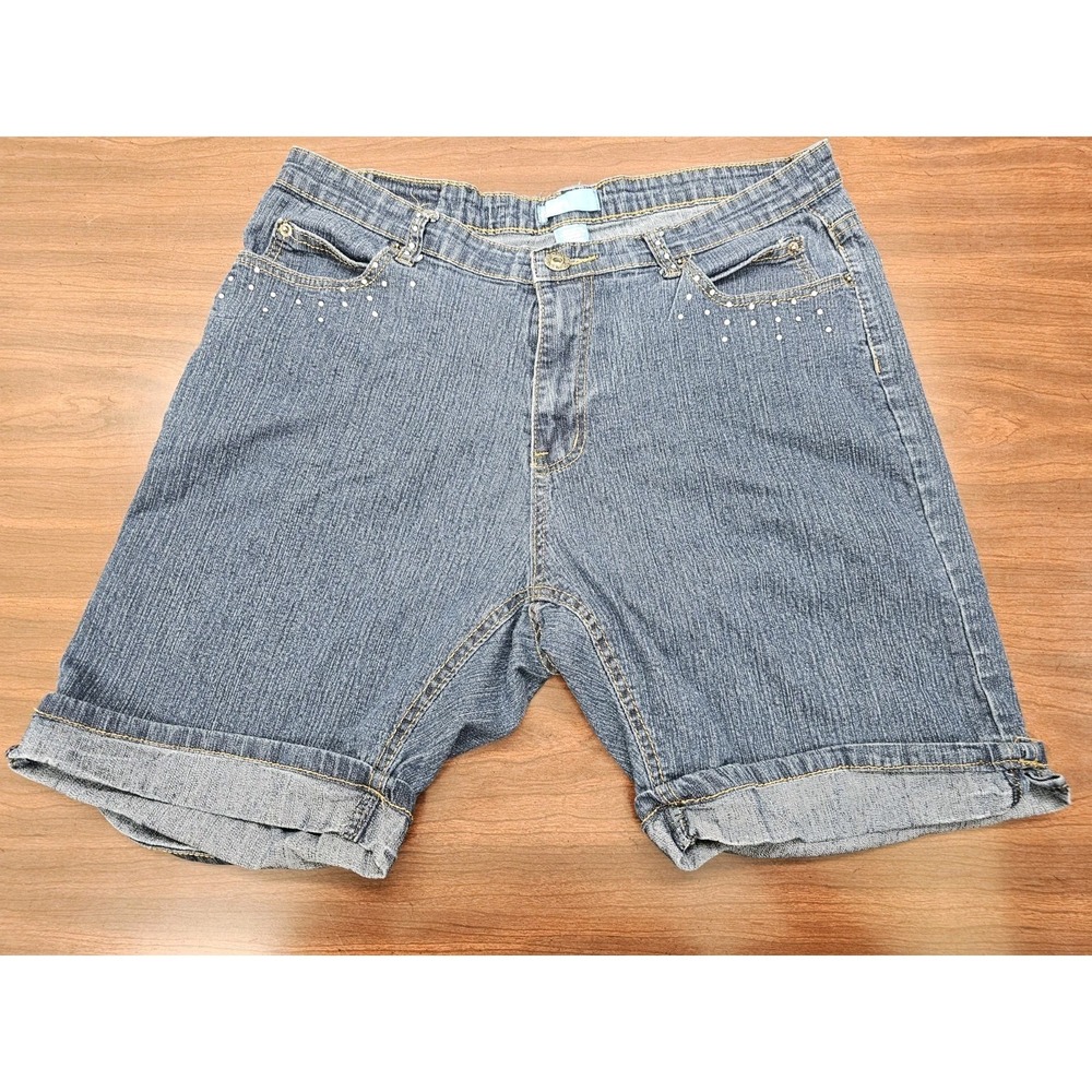 DKin Jean Womens 16W Med Wash Denim Shorts Beaded Embroidered Pocket Studded